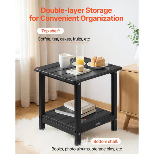 Outdoor Side Table 2-Tier HDPE Outside End Table for Indoor Backyard Black