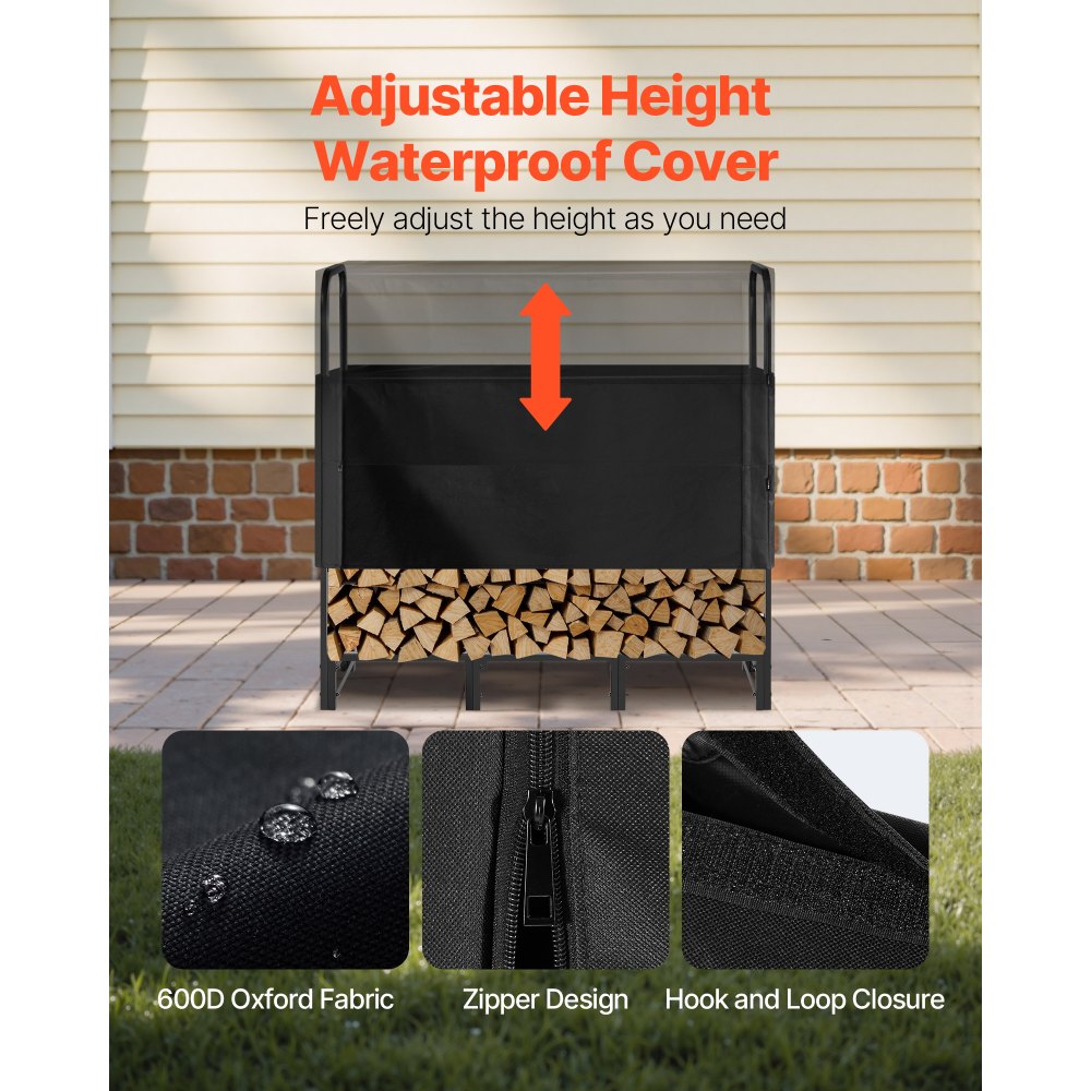 Firewood Rack with Waterproof Cover, 1.22m Outdoor Firewood Holder, 1/4 Cord Storage Metal Log Holder, 400lb Max Weight Capacity, Top Covered, Powder-Coated Wood Storage Rack for Fireplace Deck