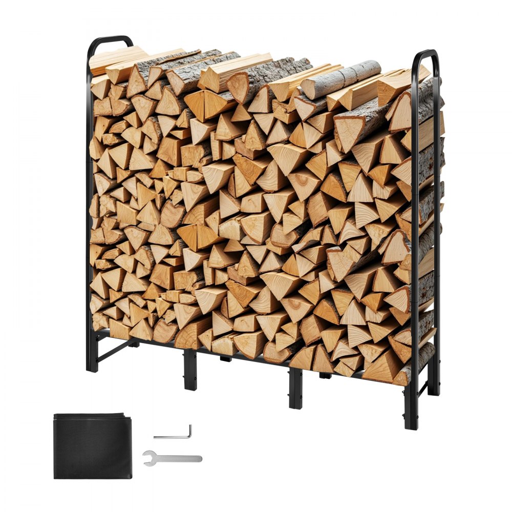 Firewood Rack with Waterproof Cover, 1.22m Outdoor Firewood Holder, 1/4 Cord Storage Metal Log Holder, 400lb Max Weight Capacity, Full Covered, Powder-Coated Wood Storage Rack for Fireplace Deck