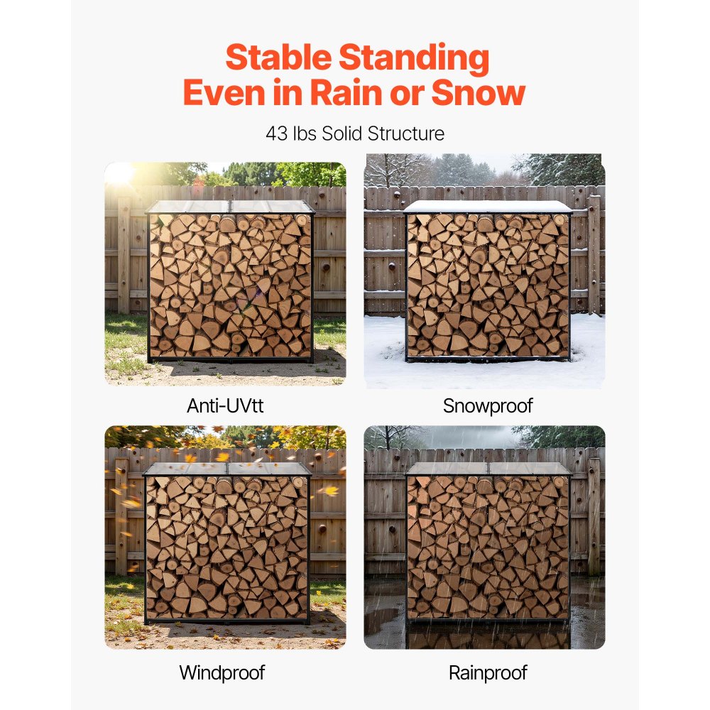 Firewood Rack with Sloped Roof, 143cm Outdoor Firewood Holder, 1/4 Cord Log Storage Shed, 299kg Max Weight Capacity, Powder-Coated Metal Wood Storage Rack for Fireplace Deck Backyard Garden