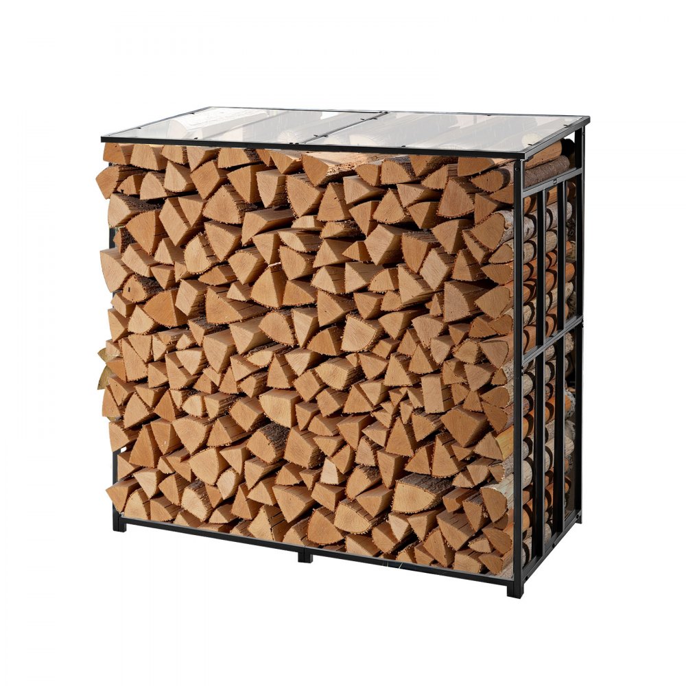Firewood Rack with Sloped Roof, 143cm Outdoor Firewood Holder, 1/4 Cord Log Storage Shed, 299kg Max Weight Capacity, Powder-Coated Metal Wood Storage Rack for Fireplace Deck Backyard Garden