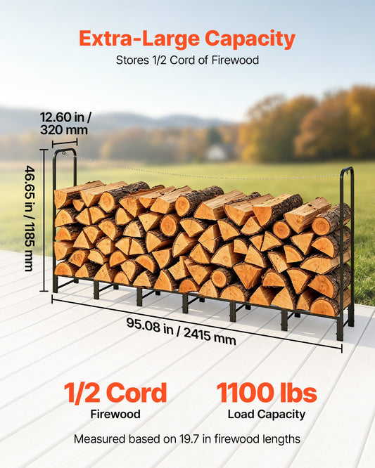 Firewood Rack 2415 mm 1/2 Cord Heavy Duty Outdoor Wood Storage Holder, for Fireplace Patio Deck, 500 kg Load Capacity, Carbon Steel Frame Fire Log Stacker Stand, Metal Wood Pile Organizer, Black