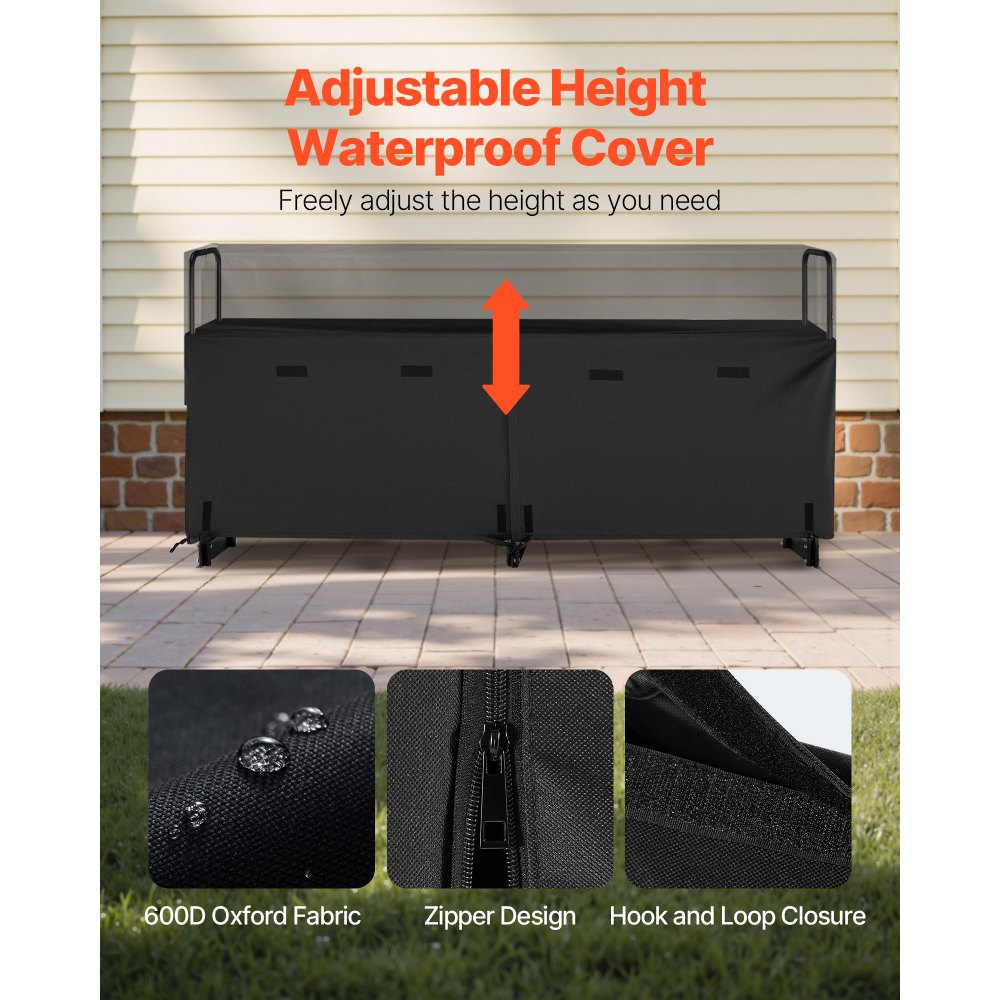 Firewood Rack with Waterproof Cover, 2.57m Outdoor Firewood Holder, 1/2 Cord Storage Metal Log Holder, 299kg Max Weight Capacity, Top Covered, Powder-Coated Wood Storage Rack for Fireplace Deck