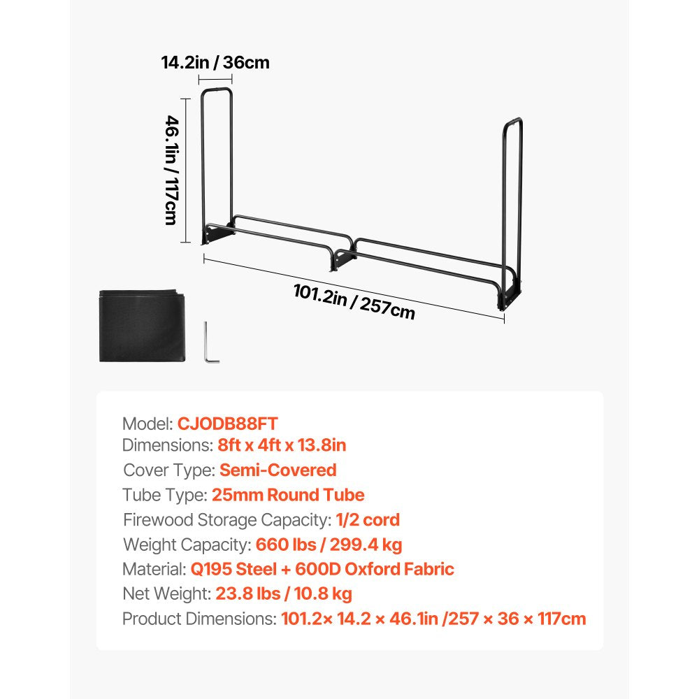 Firewood Rack with Waterproof Cover, 2.57m Outdoor Firewood Holder, 1/2 Cord Storage Metal Log Holder, 299kg Max Weight Capacity, Top Covered, Powder-Coated Wood Storage Rack for Fireplace Deck