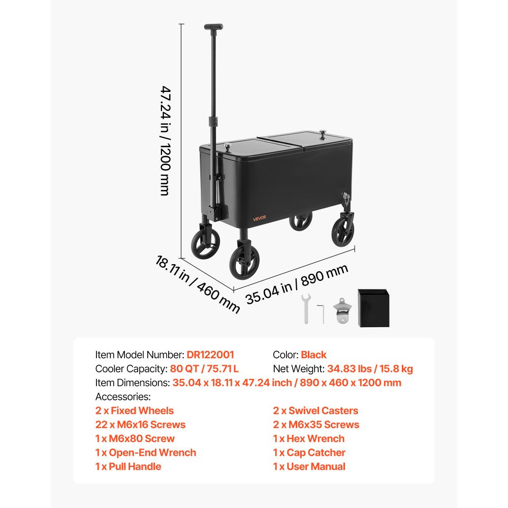 75.7L Rolling Ice Chest on Wheels Drink Cooler Cart with Telescopic Handle