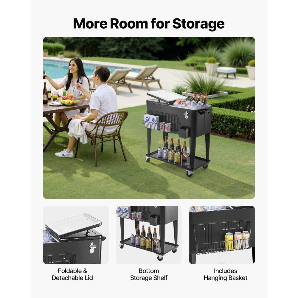 75.71L Rolling Ice Chest on Wheels Patio Party Bar Drink Cooler Cart Black