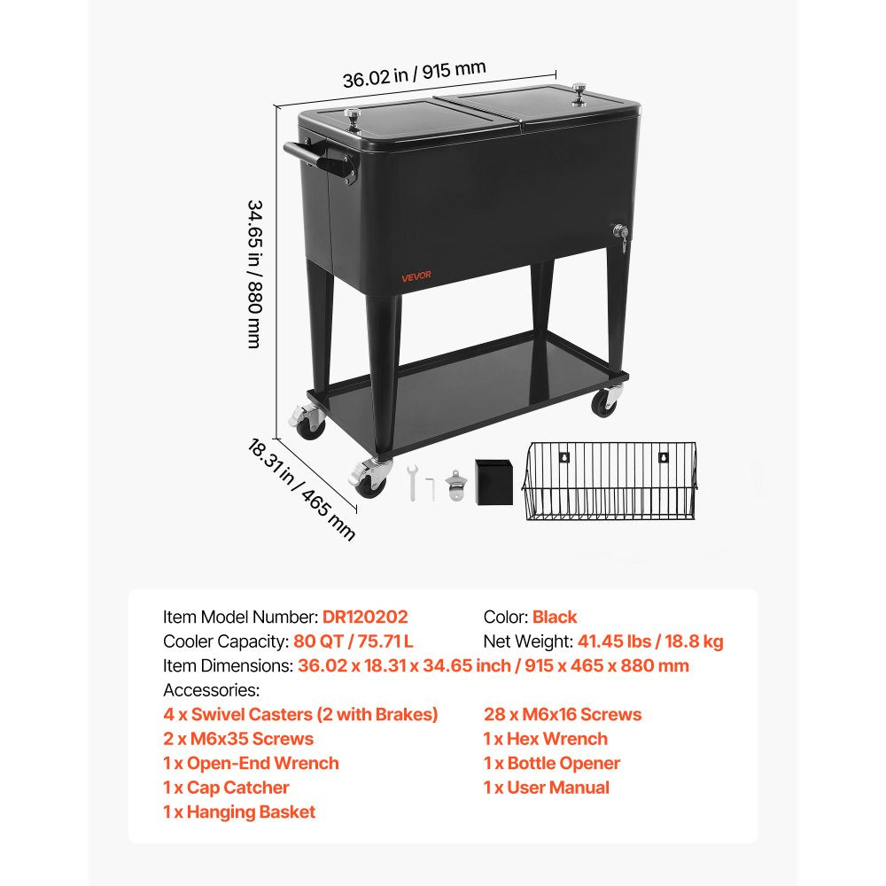 75.71L Rolling Ice Chest on Wheels Patio Party Bar Drink Cooler Cart Black