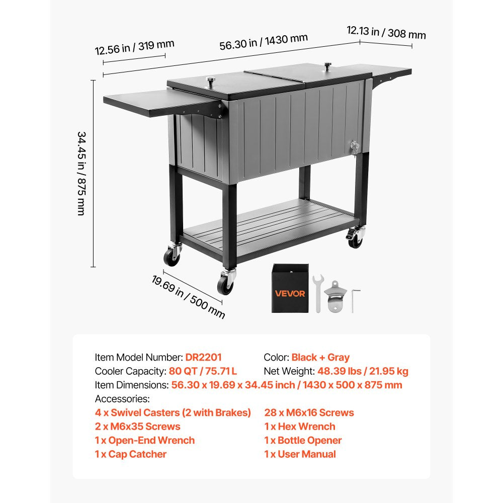 75.7L Rolling Ice Chest on Wheels Party Drink Cooler Cart w/ Side Shelves