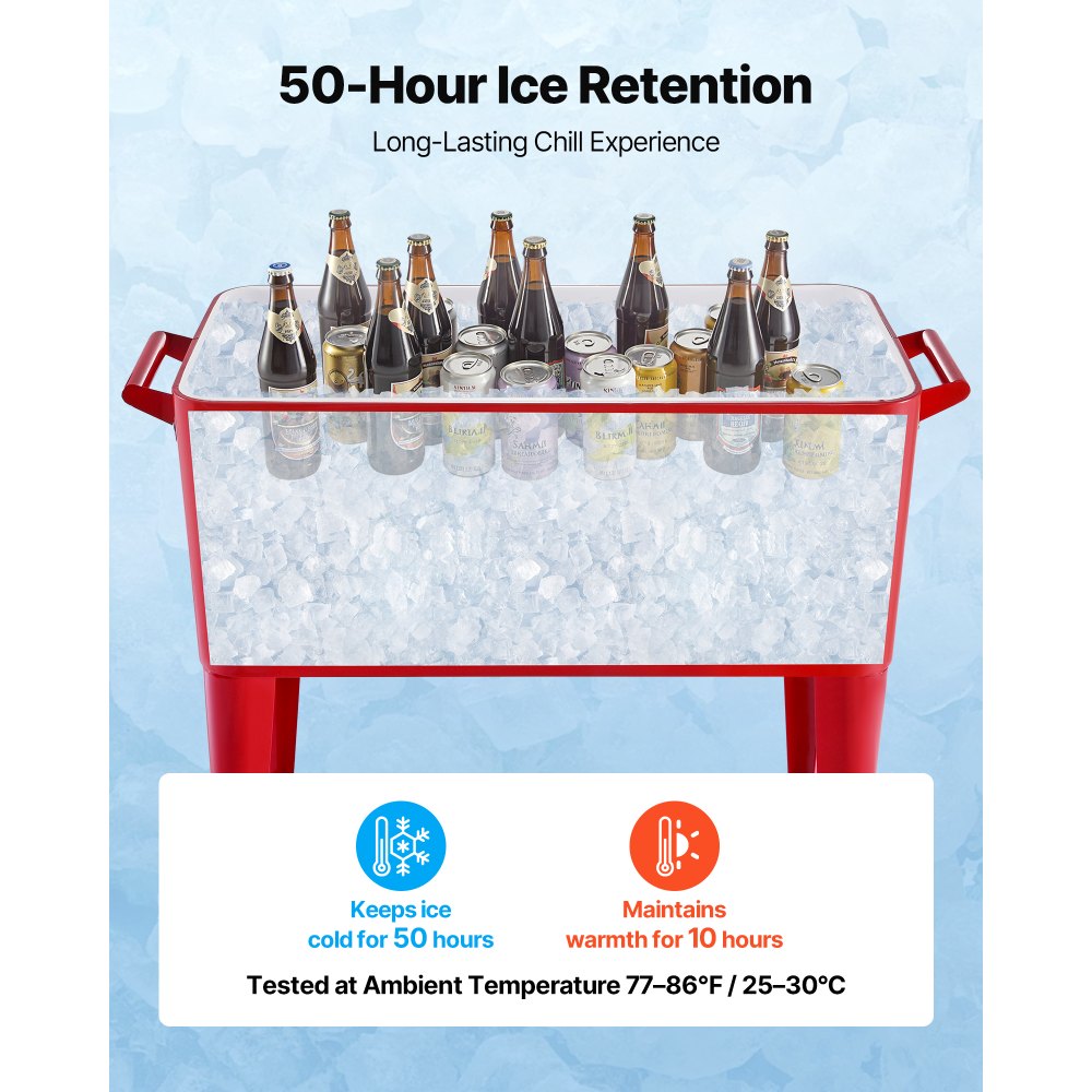 75.71L Rolling Ice Chest on Wheels Patio Party Bar Drink Cooler Cart Red