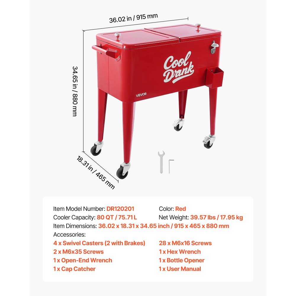 75.71L Rolling Ice Chest on Wheels Patio Party Bar Drink Cooler Cart Red