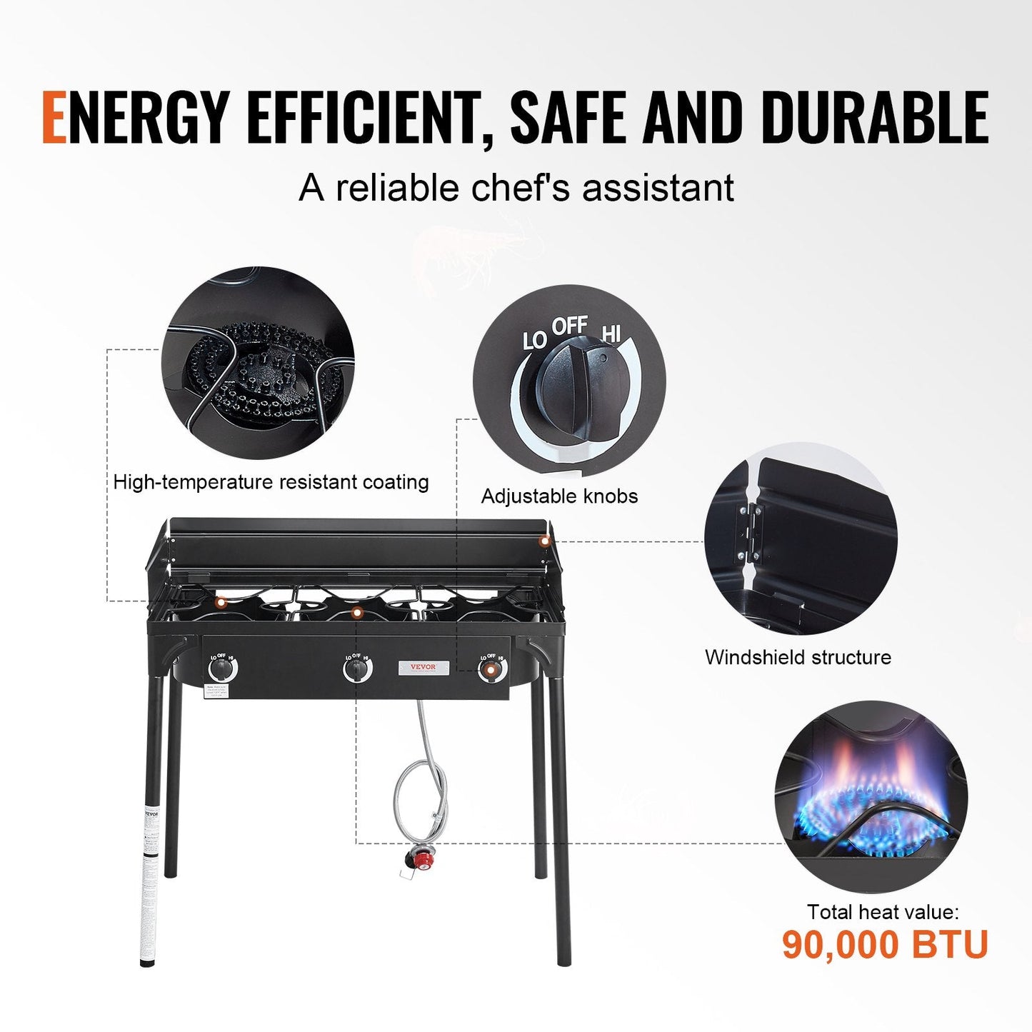 Triple Burner Outdoor Camping Stove, 90,000-BTU, Heavy Duty Gas Cooker