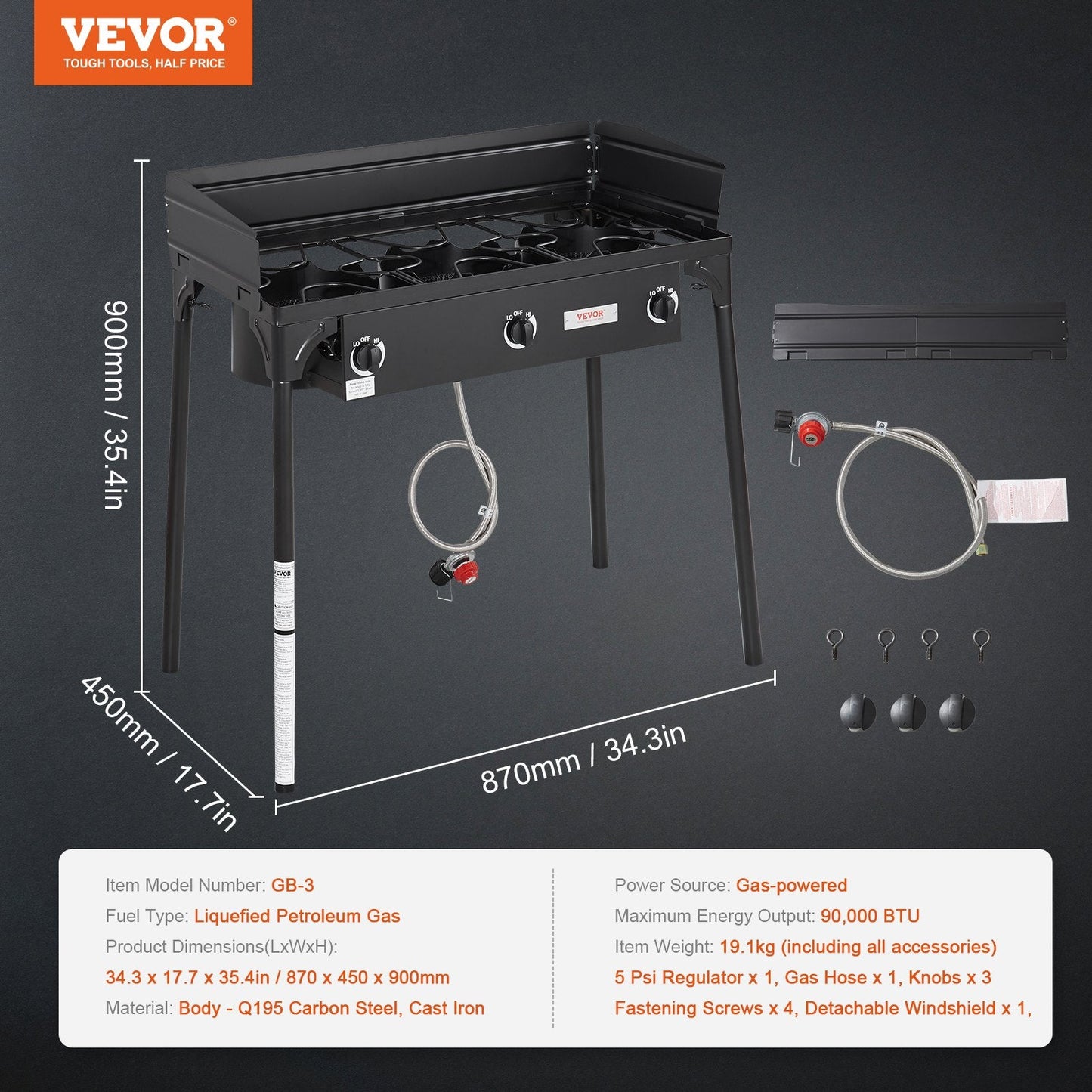 Triple Burner Outdoor Camping Stove, 90,000-BTU, Heavy Duty Gas Cooker