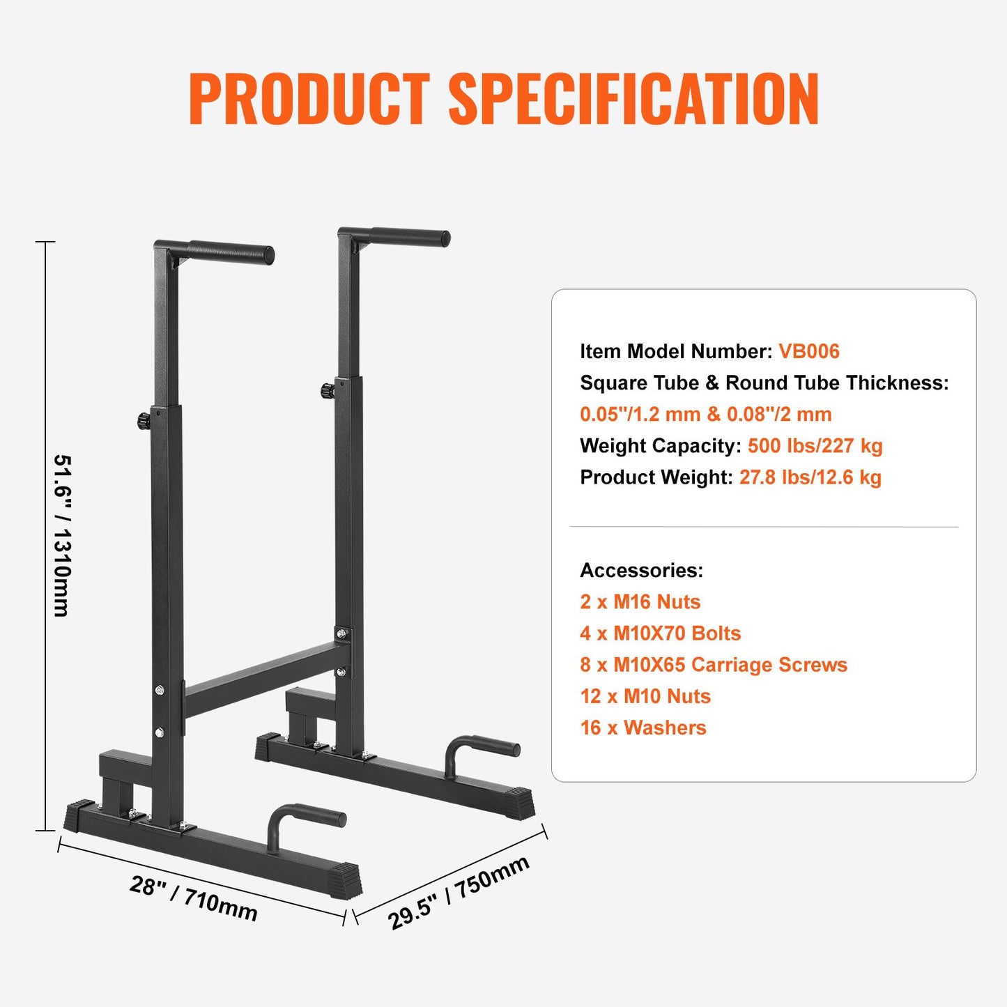 VEVOR Dip Bar, 227 kg Capacity, Heave Duty Dip Stand Station with Adjustable Height,