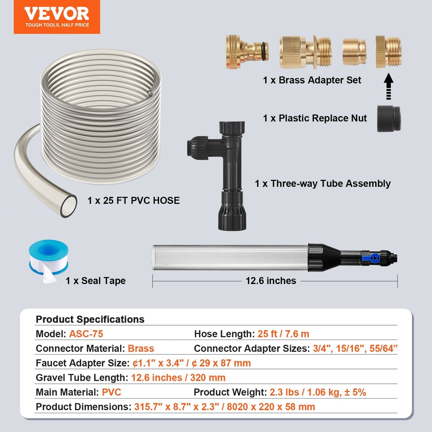 Aquarium Gravel Cleaner with 7.6 m Hose and Brass Adapters for Fish Tanks
