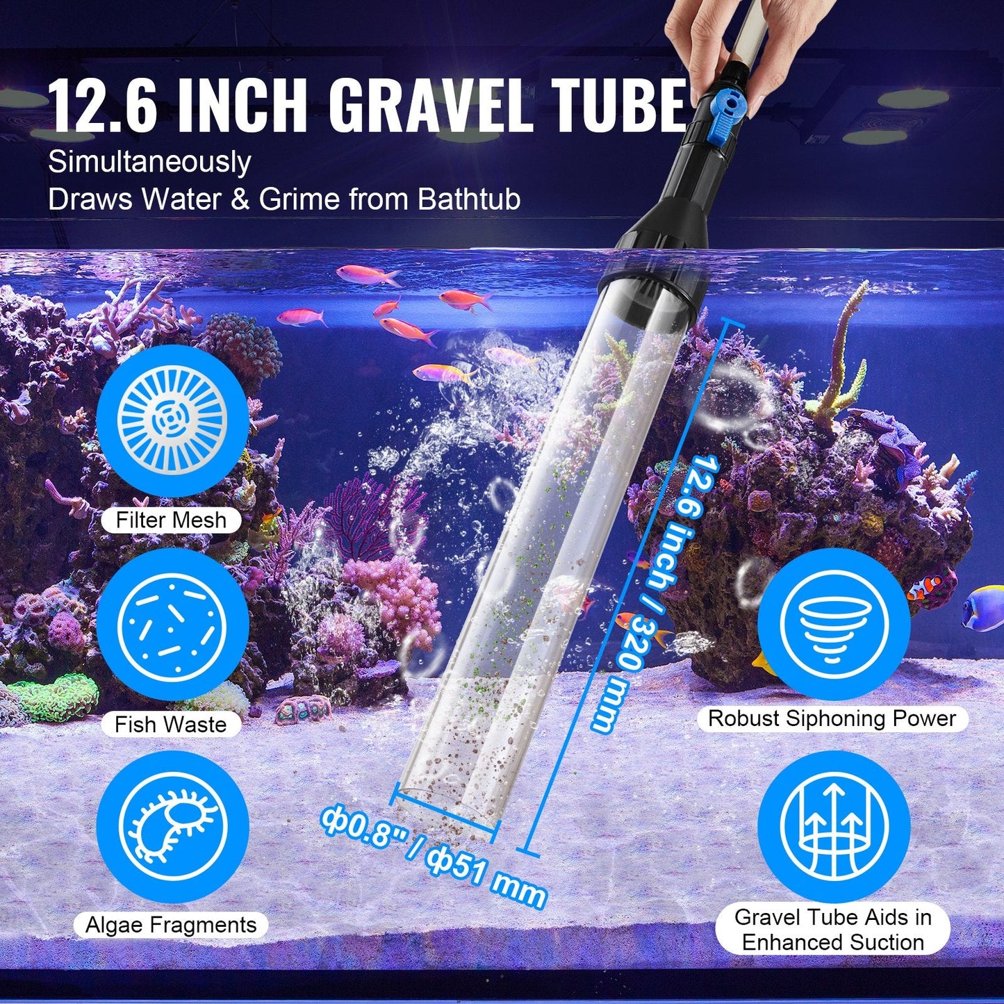 Aquarium Gravel Cleaner with 15.2 m Hose and Brass Adapters, 1.76 kg
