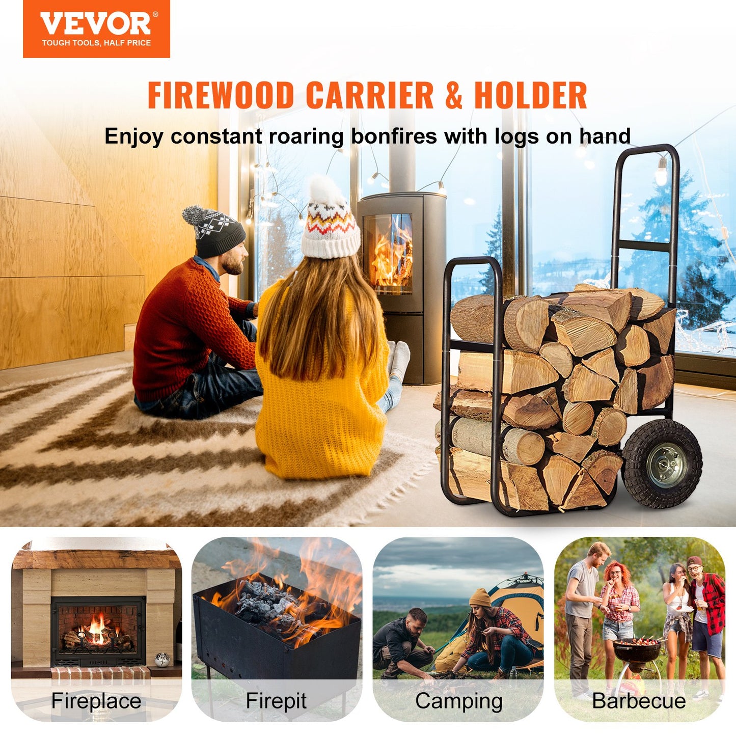 VEVOR Firewood Cart, 220 lbs Weight Capacity, Wood Carrier with Wheels, Binding