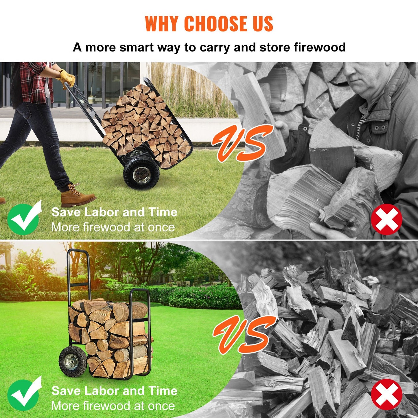 VEVOR Firewood Cart, 220 lbs Weight Capacity, Wood Carrier with Wheels, Binding