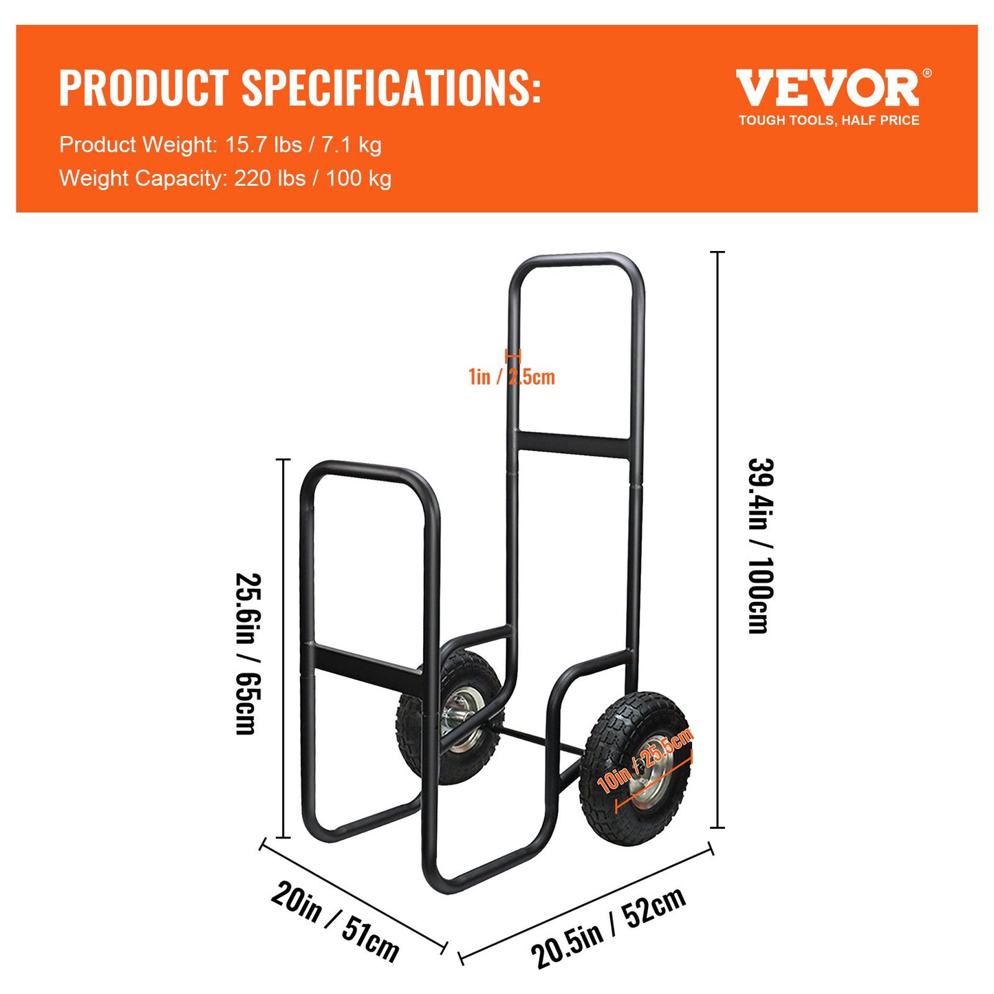 VEVOR Firewood Cart, 220 lbs Weight Capacity, Wood Carrier with Wheels, Binding