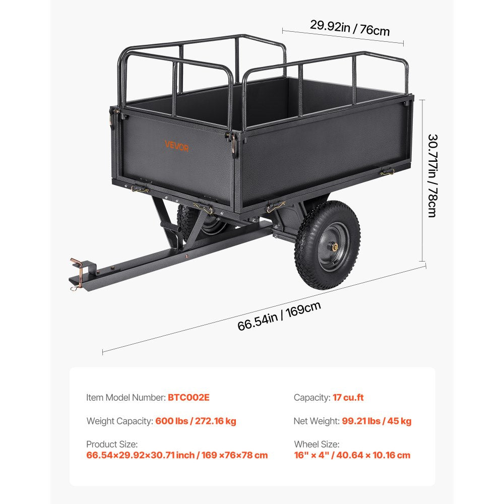 VEVOR Steel Dump Cart 17 Cu. Ft 272 kg for ATV/UTV Trailer Tow Behind Heavy Duty