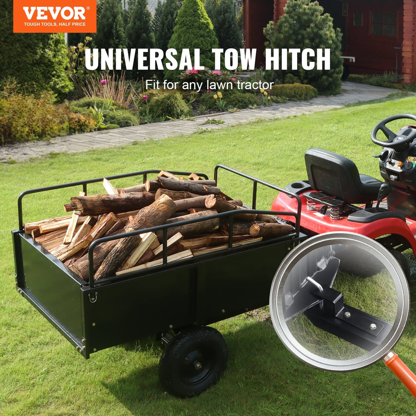 VEVOR Heavy Duty ATV Trailer Steel Dump Cart, 750-Pound 15 Cubic Feet, Garden Utility