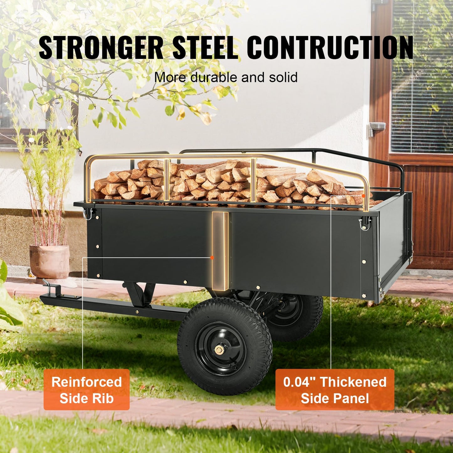 VEVOR Heavy Duty ATV Trailer Steel Dump Cart, 750-Pound 15 Cubic Feet, Garden Utility