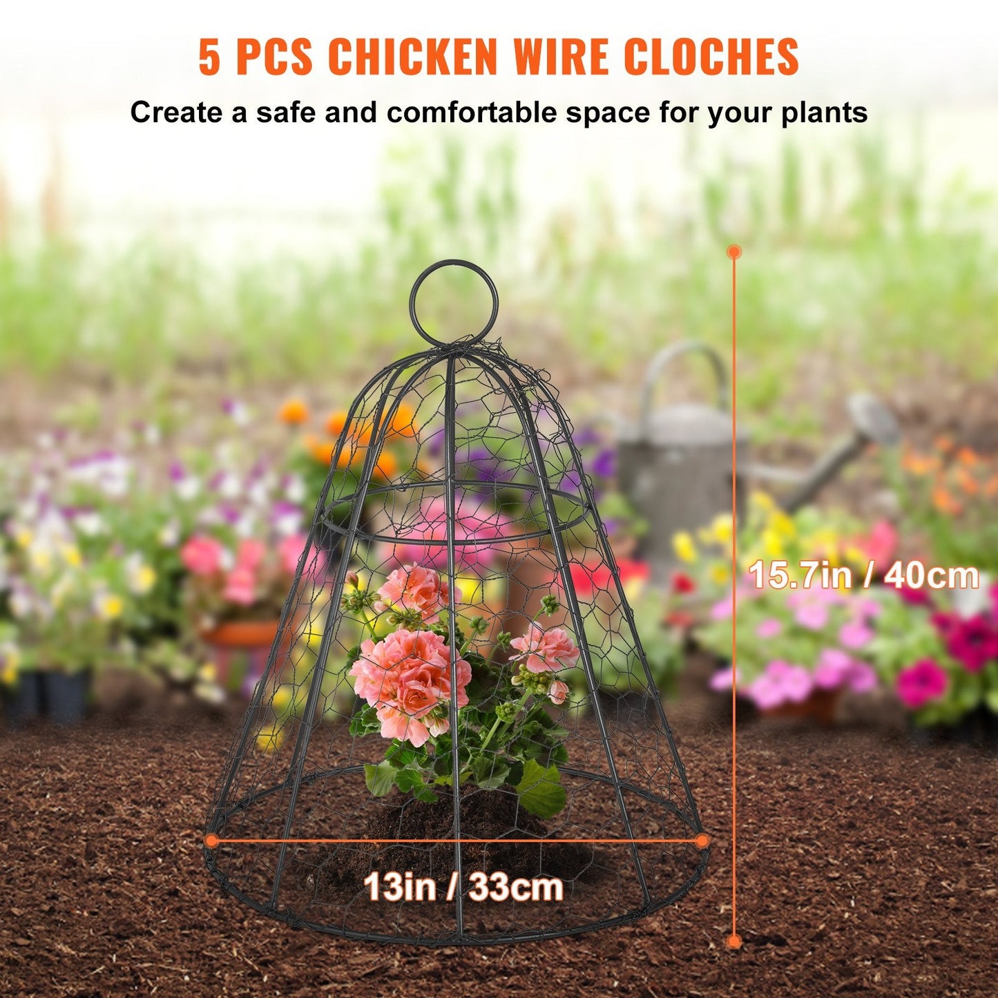 Set of 5 Garden Seedling Cloches with Zip Ties, 0.33 x 0.4 m, Black