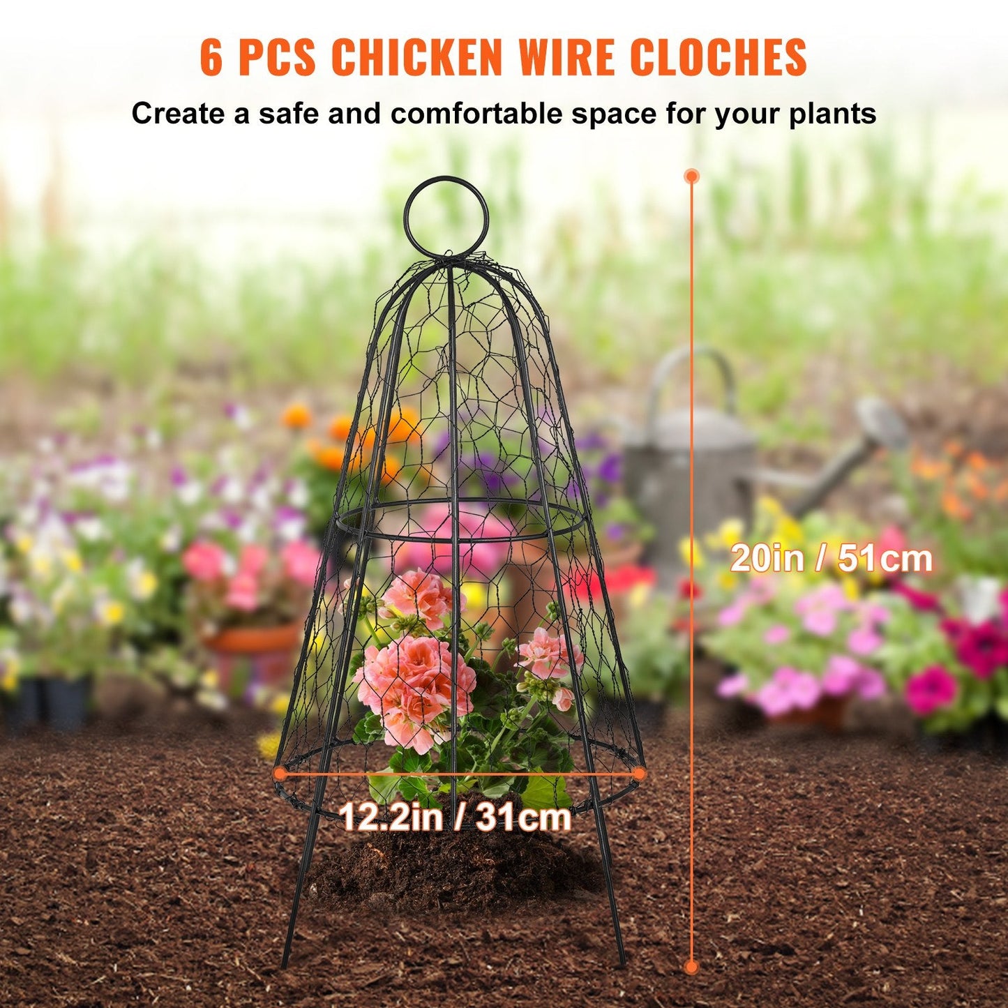 Garden Seedling Protectors, Set of 6, 0.31 x 0.51m, with Zip Ties, Black