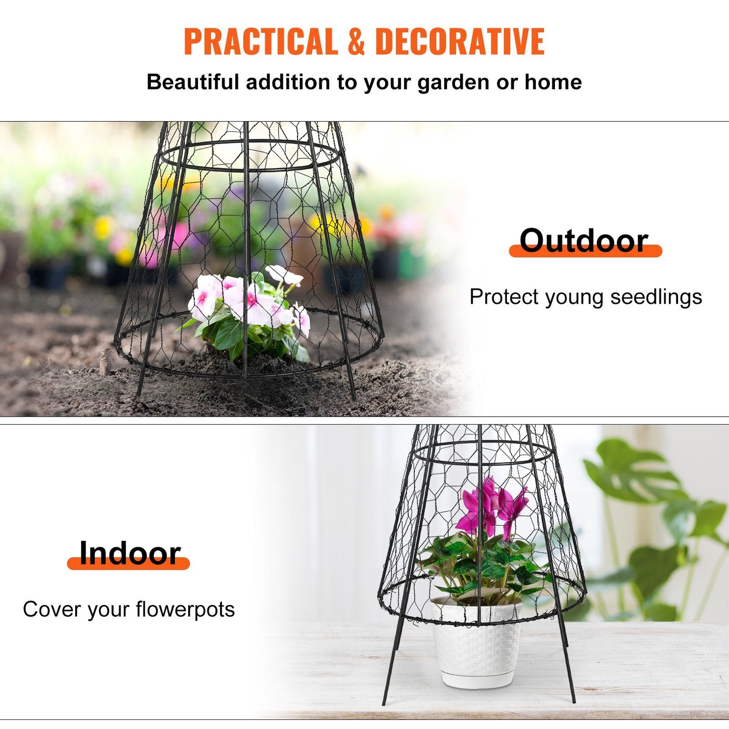 Garden Seedling Protectors, Set of 6, 0.31 x 0.51m, with Zip Ties, Black