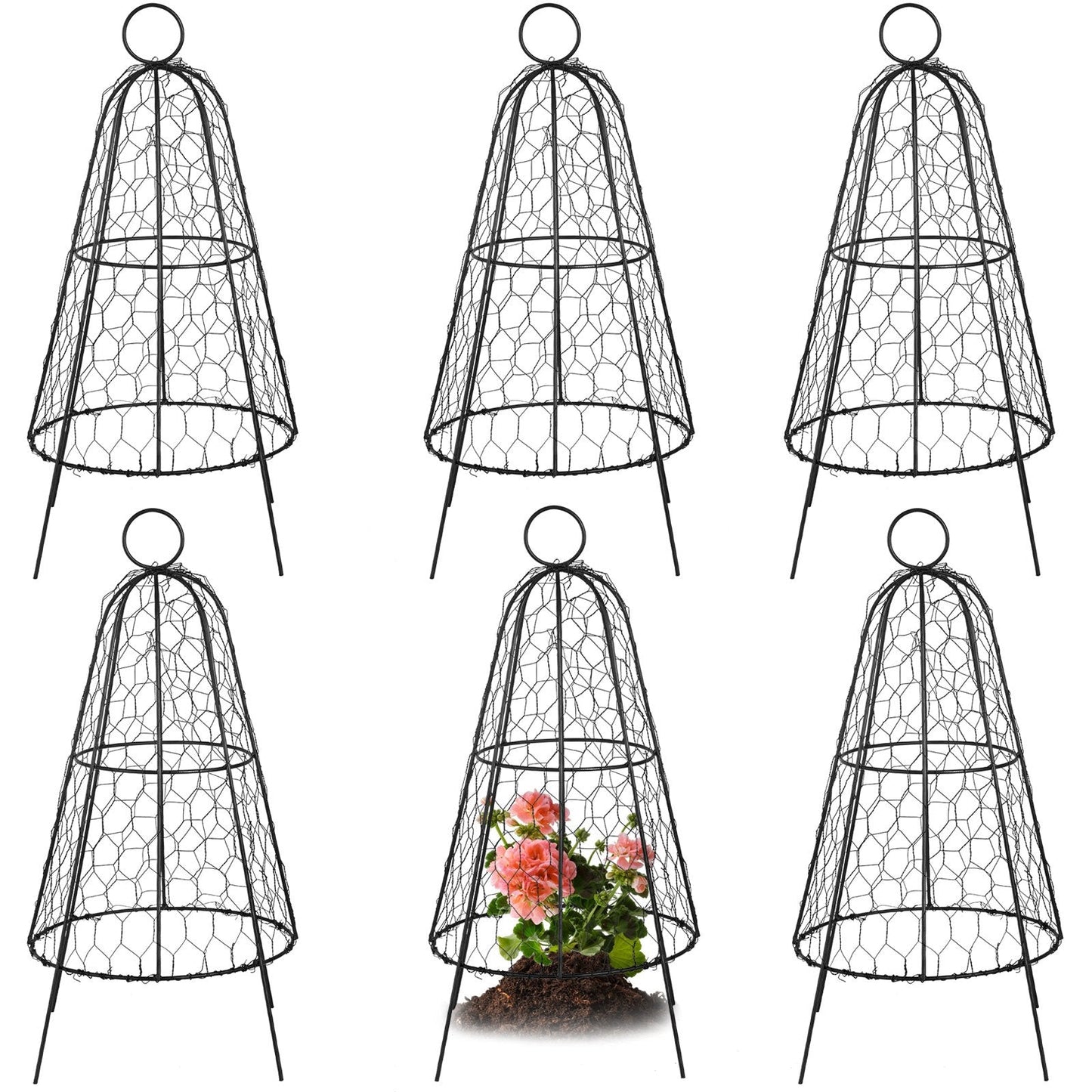 Garden Seedling Protectors, Set of 6, 0.31 x 0.51m, with Zip Ties, Black