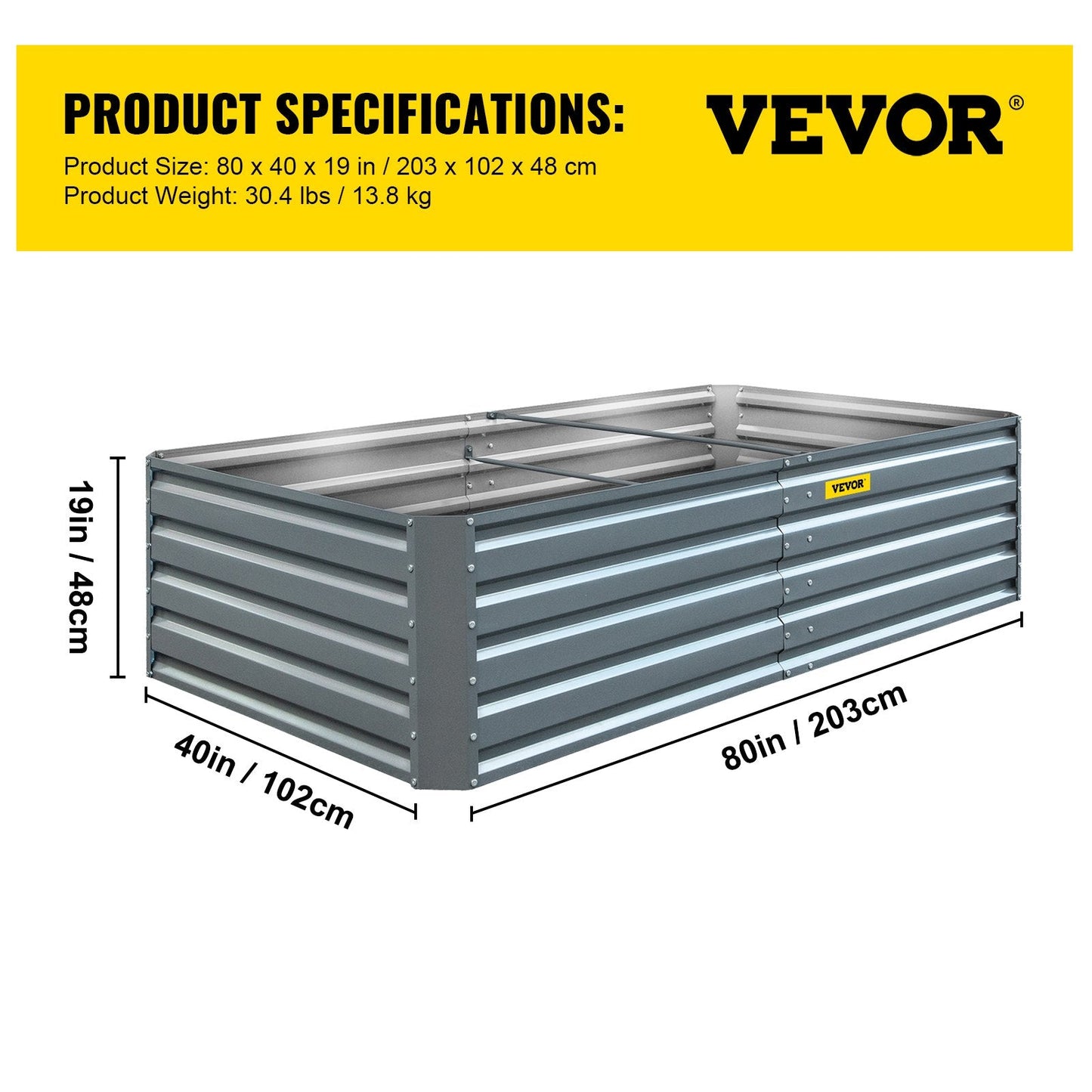 Large Galvanized Steel Raised Garden Bed, 2.03 x 1.02 x 0.48 m, Gray Planter Box