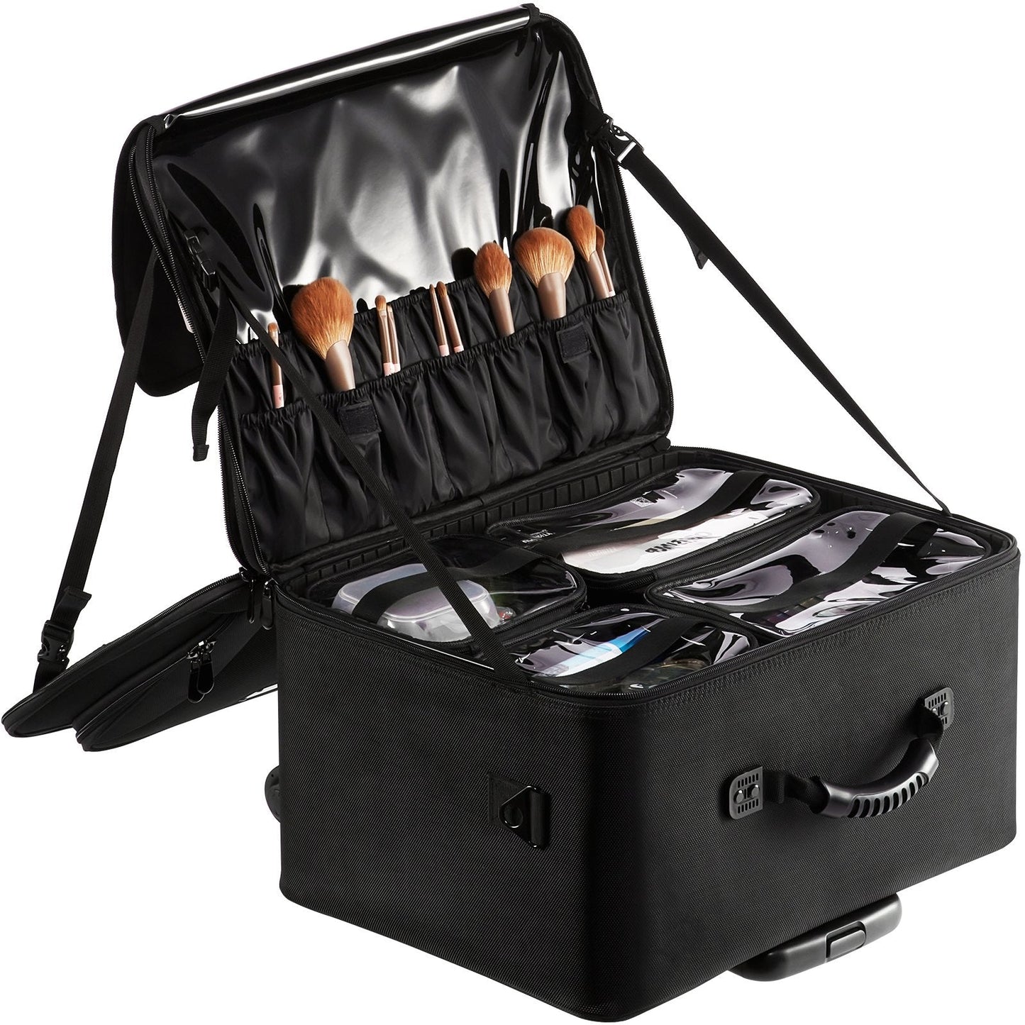 Large Black Makeup Train Case with Wheels, 3-Tier Storage, Portable & Durable