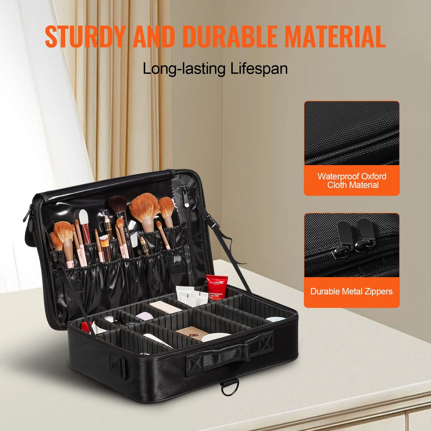 VEVOR Makeup Train Case Large Storage 3 Tiers, Convenient Carry With Handle, Strap,