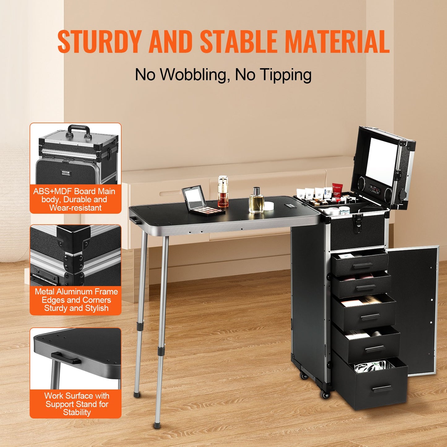 VEVOR Professional Makeup Train Case Aluminum Cosmetic Case, Workbench With Supporting