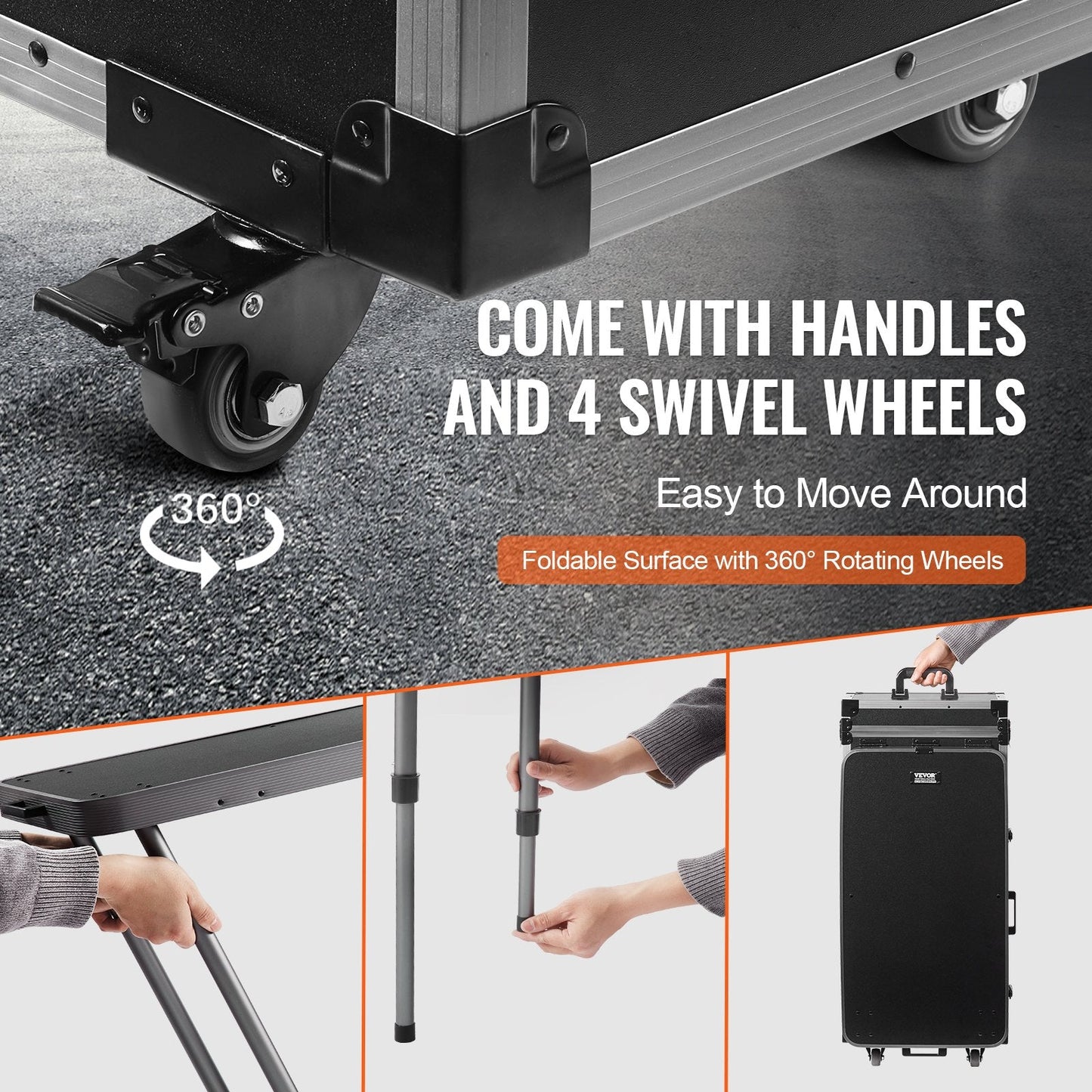 Professional Aluminum Makeup Trolley with Workbench and Swivel Wheels, Black