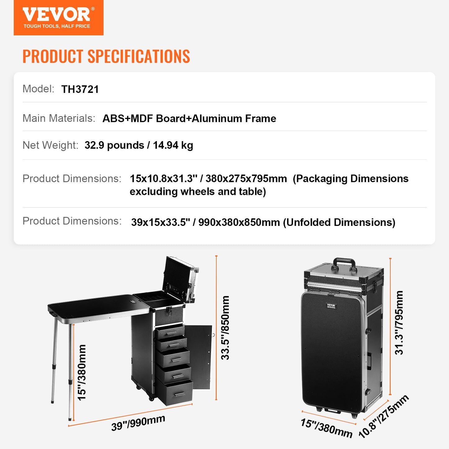 VEVOR Professional Makeup Train Case Aluminum Cosmetic Case, Workbench With Supporting