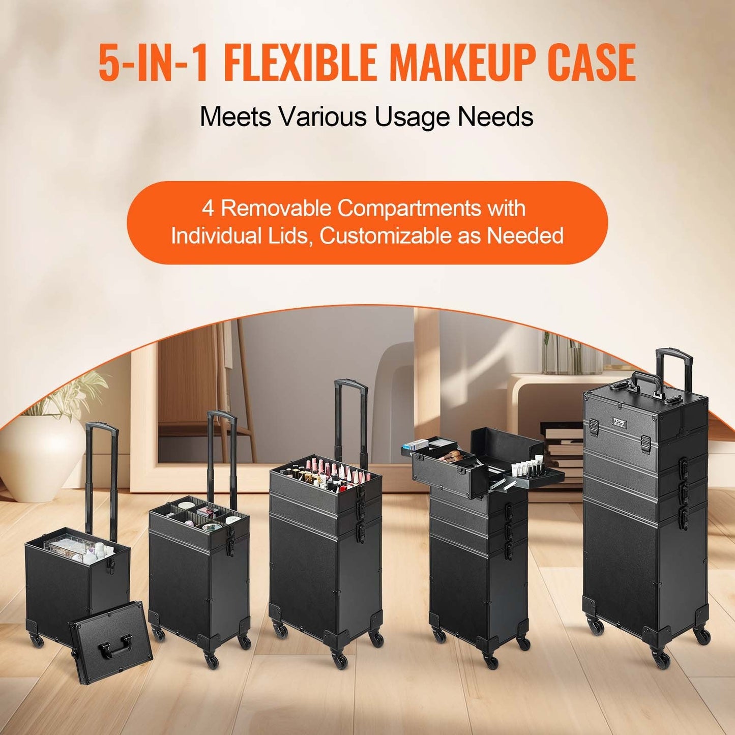 5-in-1 Rolling Makeup Case: Large Capacity, Portable, Durable with Lock, Black