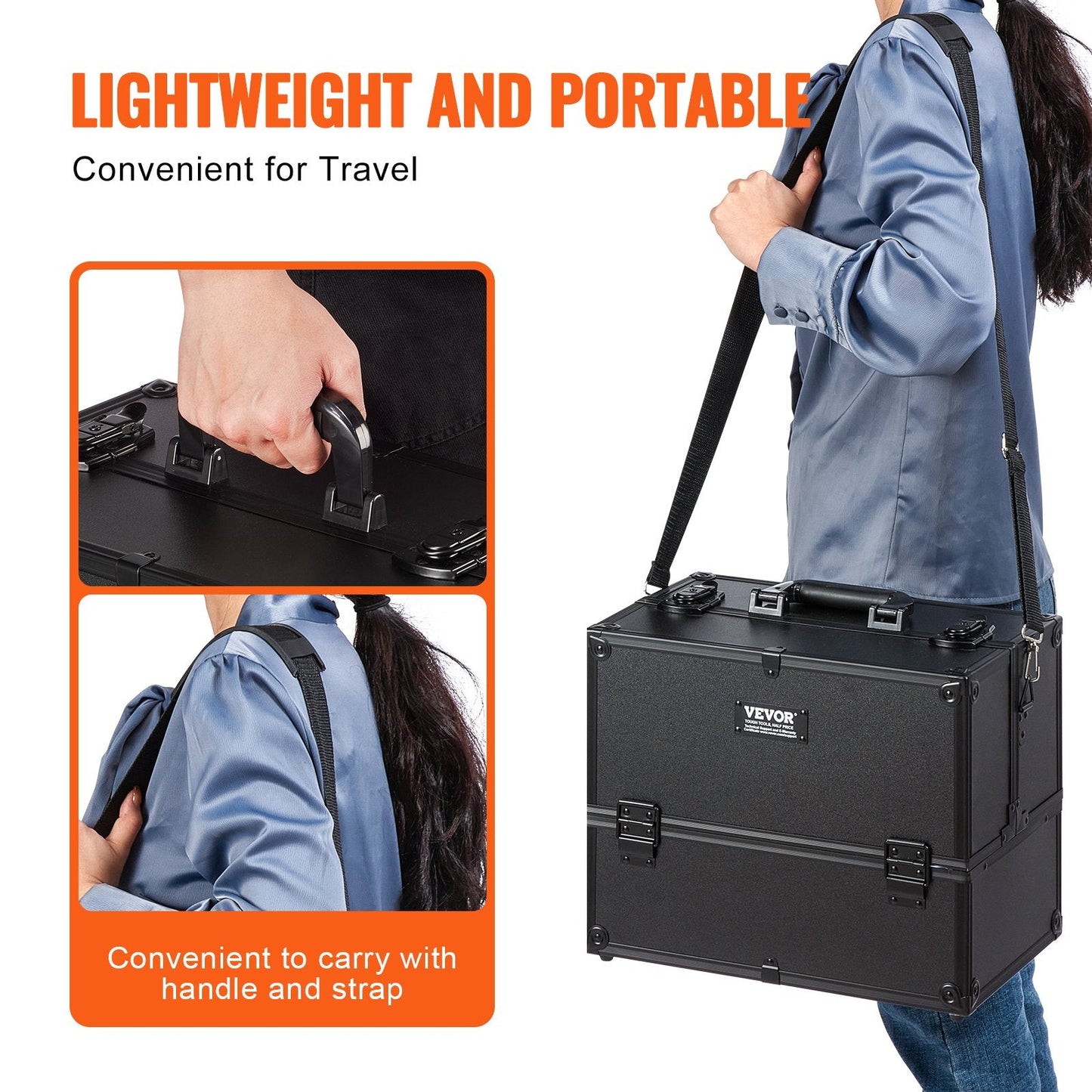 Large Portable Makeup Train Case with 6 Tiers and Lock - Black
