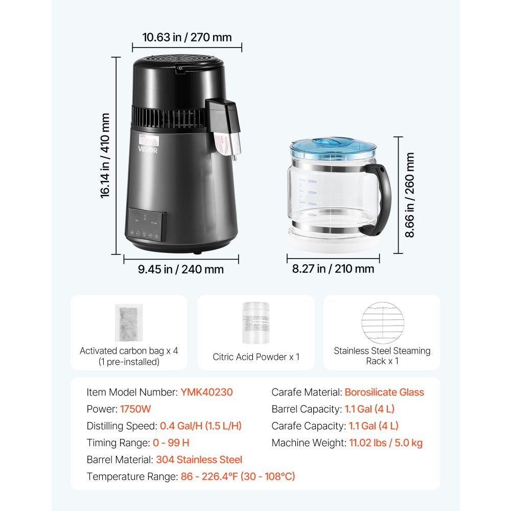 4L Water Distiller Home Countertop Purifier Machine 1750W Stainless Steel