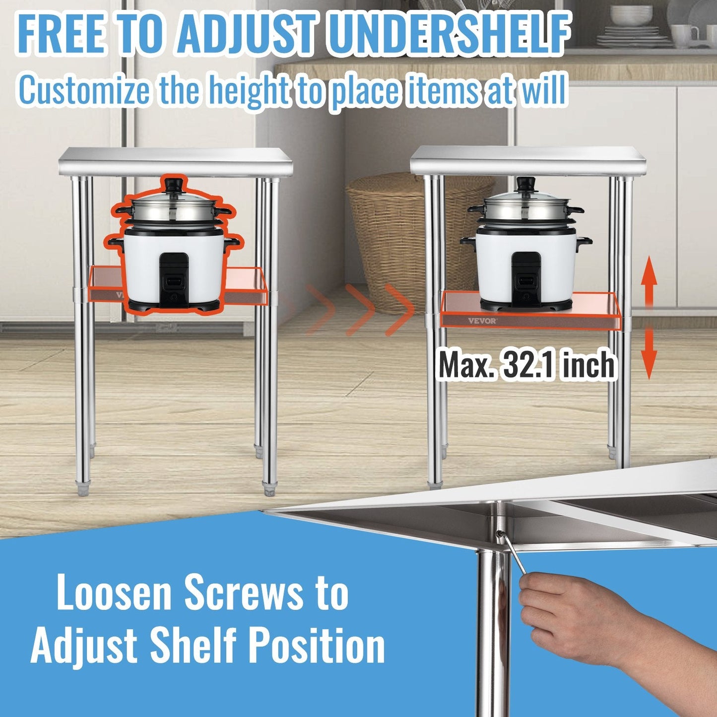 Stainless Steel Commercial Prep Table with Adjustable Undershelf, 0.65x0.46m