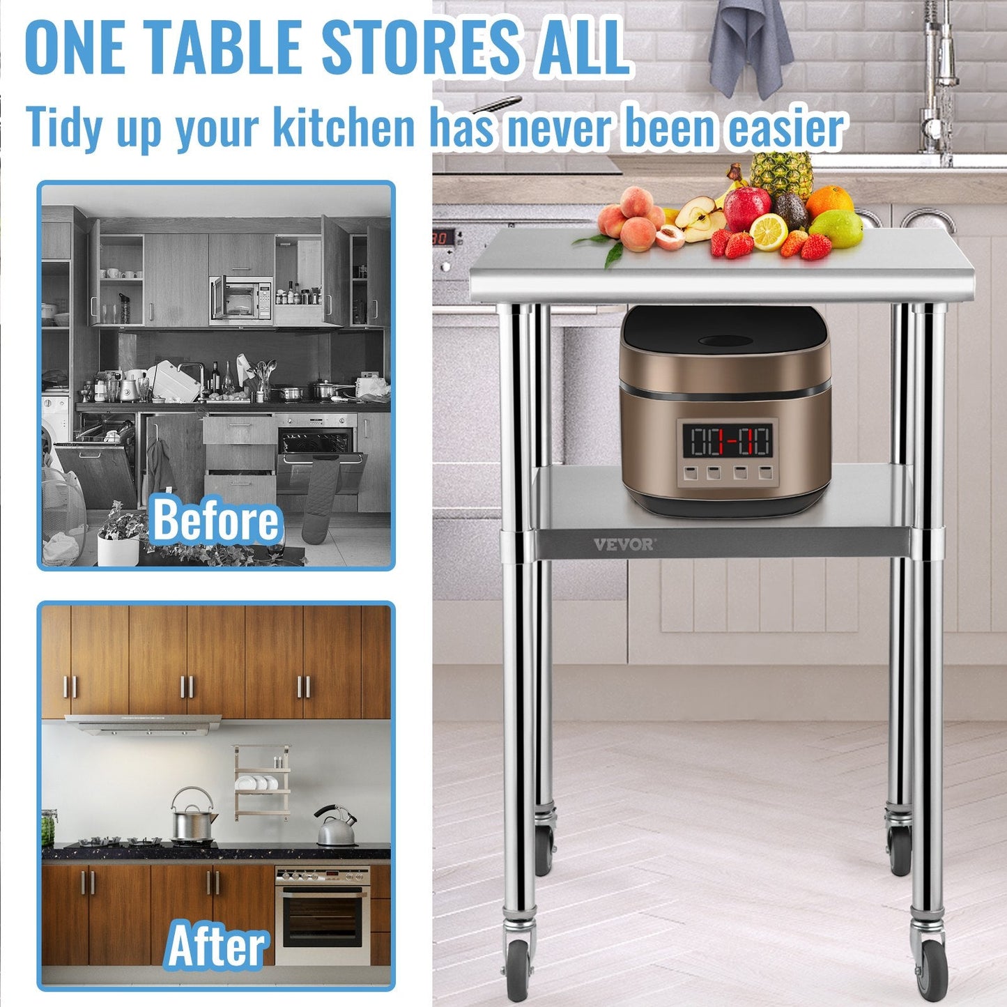 Stainless Steel Workstation with Adjustable Shelf & Wheels, 600 kg Capacity