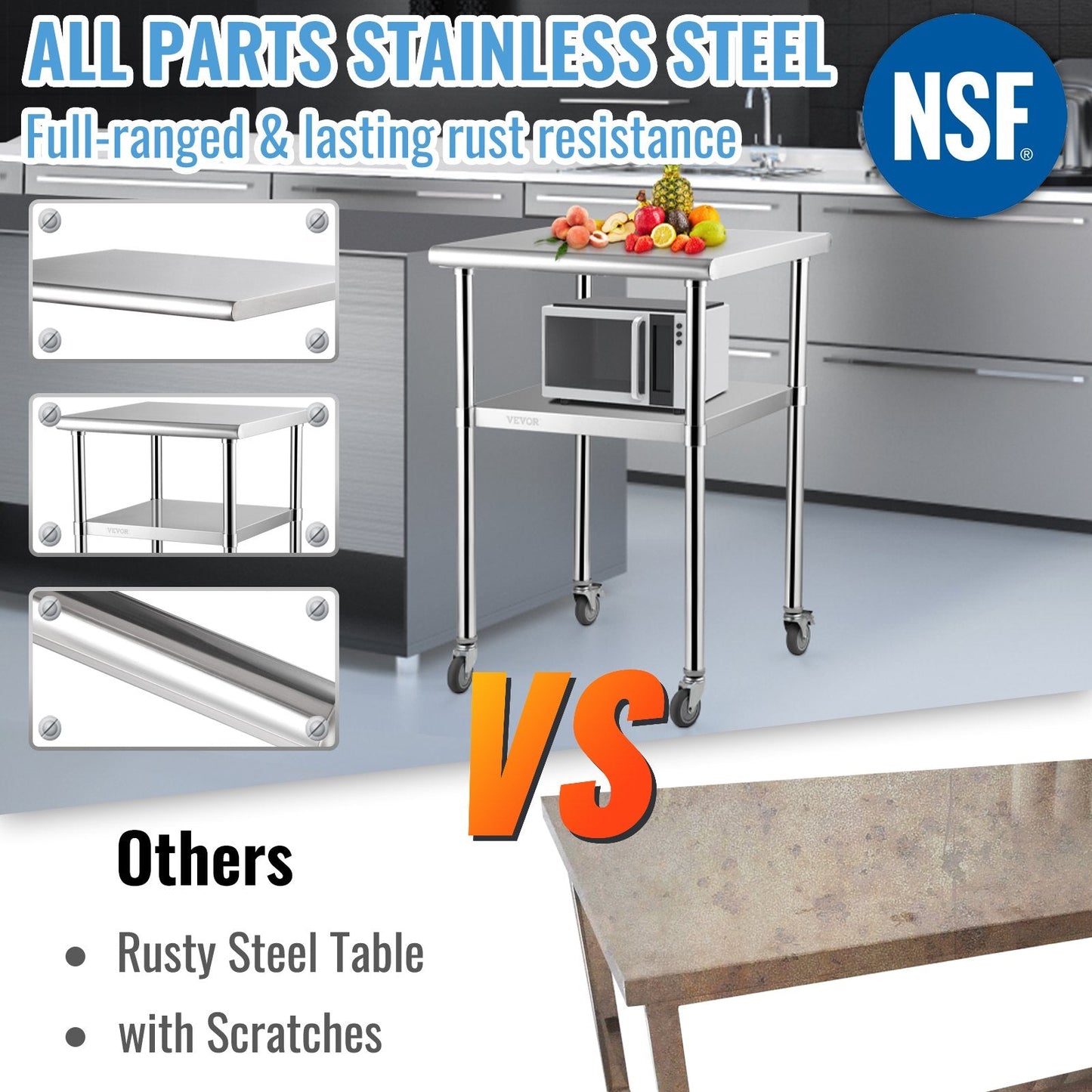 Stainless Steel Workstation with Adjustable Shelf & Wheels, 600 kg Capacity