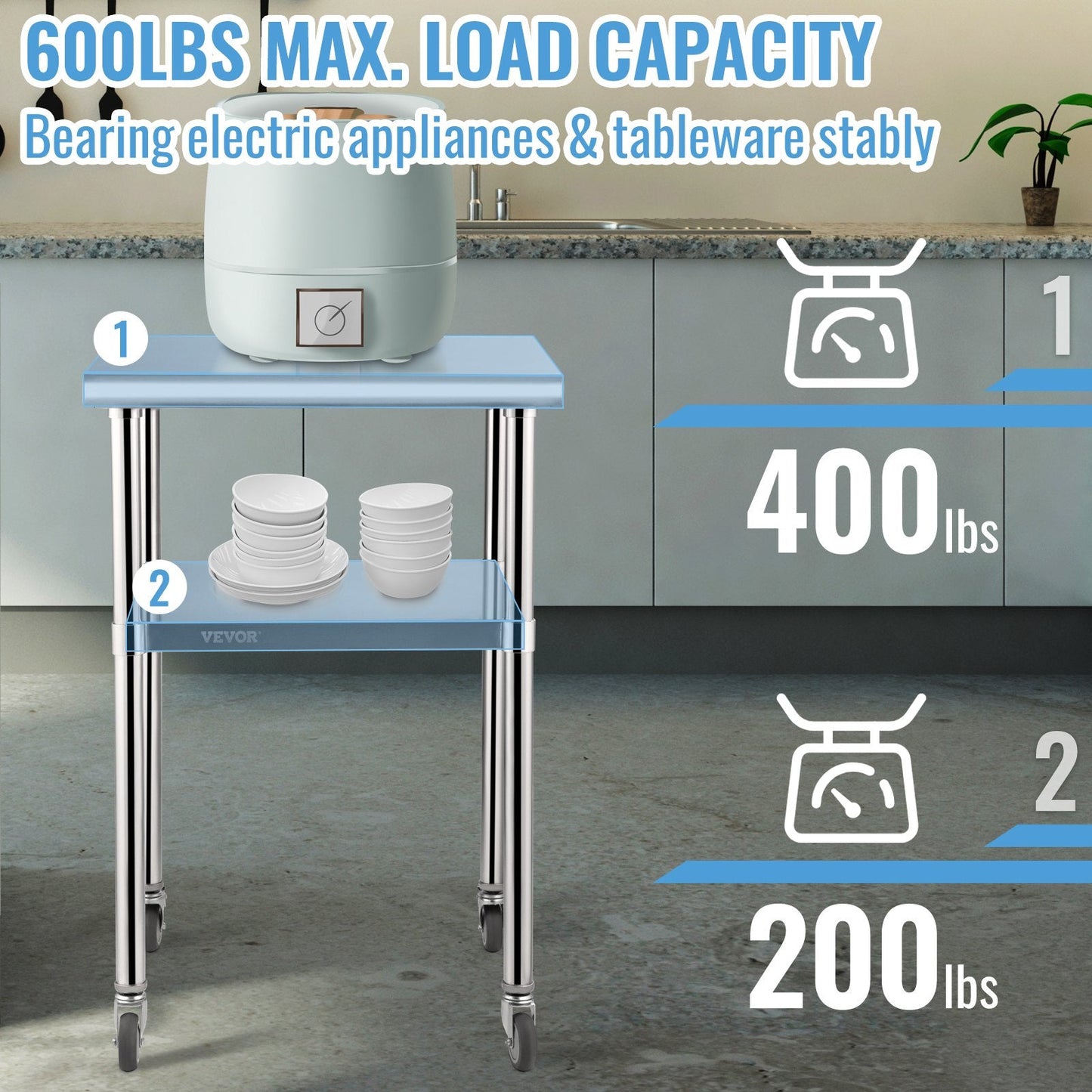 Stainless Steel Workstation with Adjustable Shelf & Wheels, 600 kg Capacity