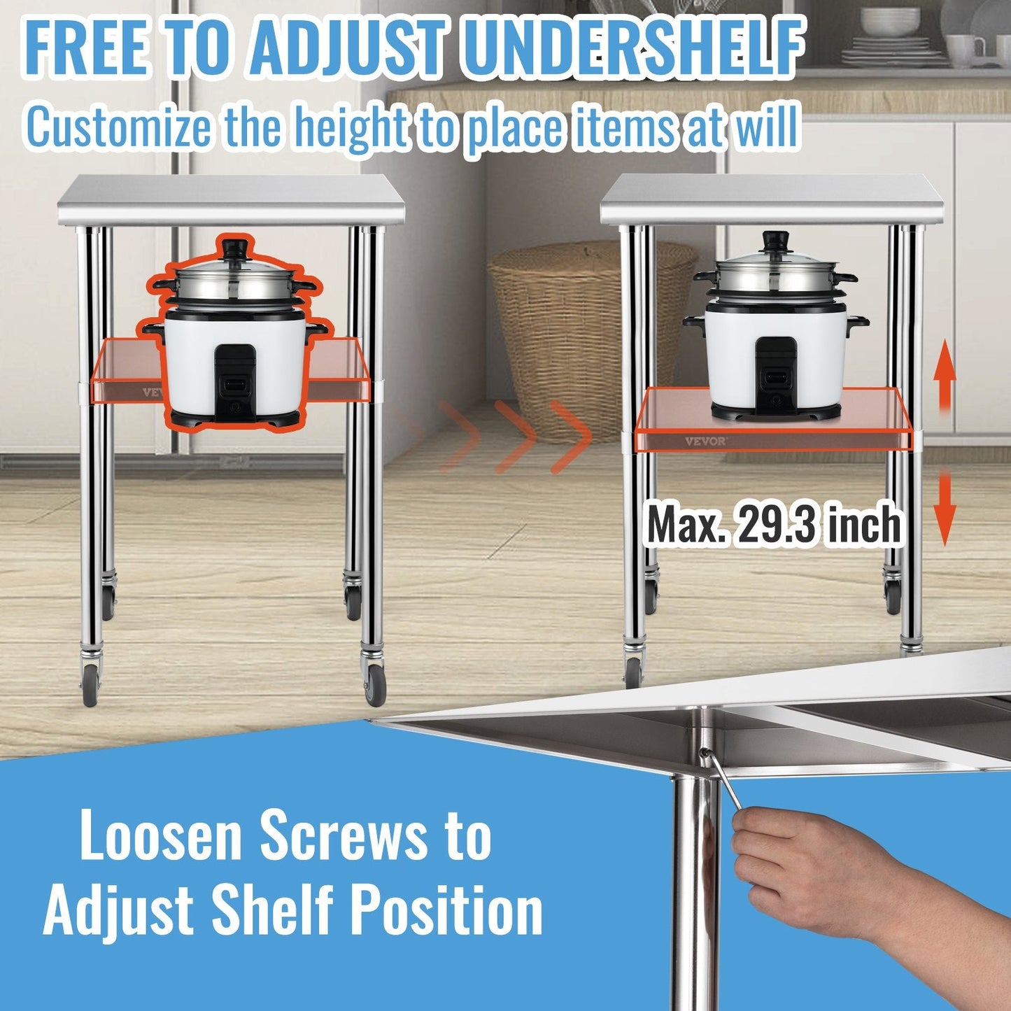 Stainless Steel Workstation with Adjustable Shelf & Wheels, 600 kg Capacity