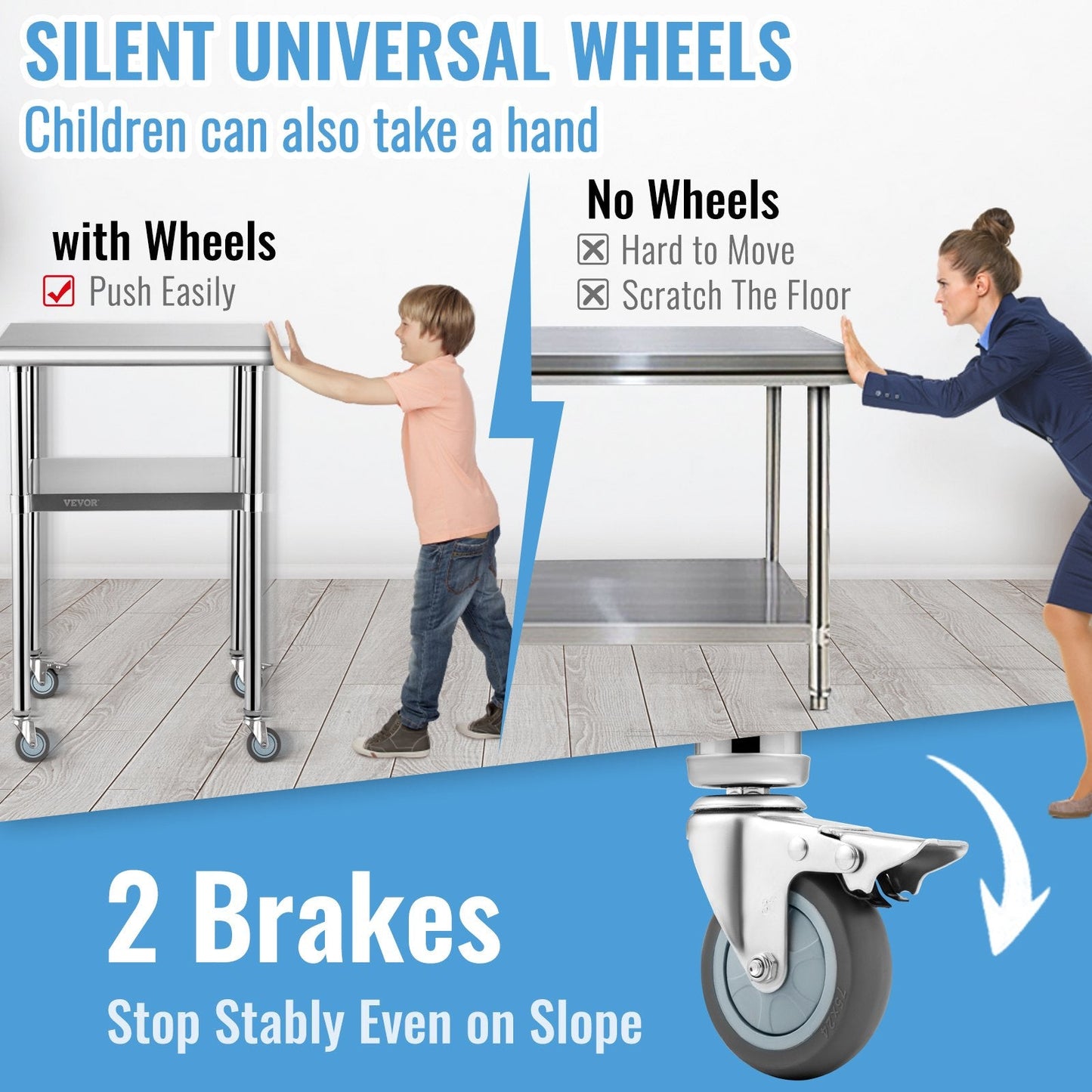 Stainless Steel Workstation with Adjustable Shelf & Wheels, 600 kg Capacity