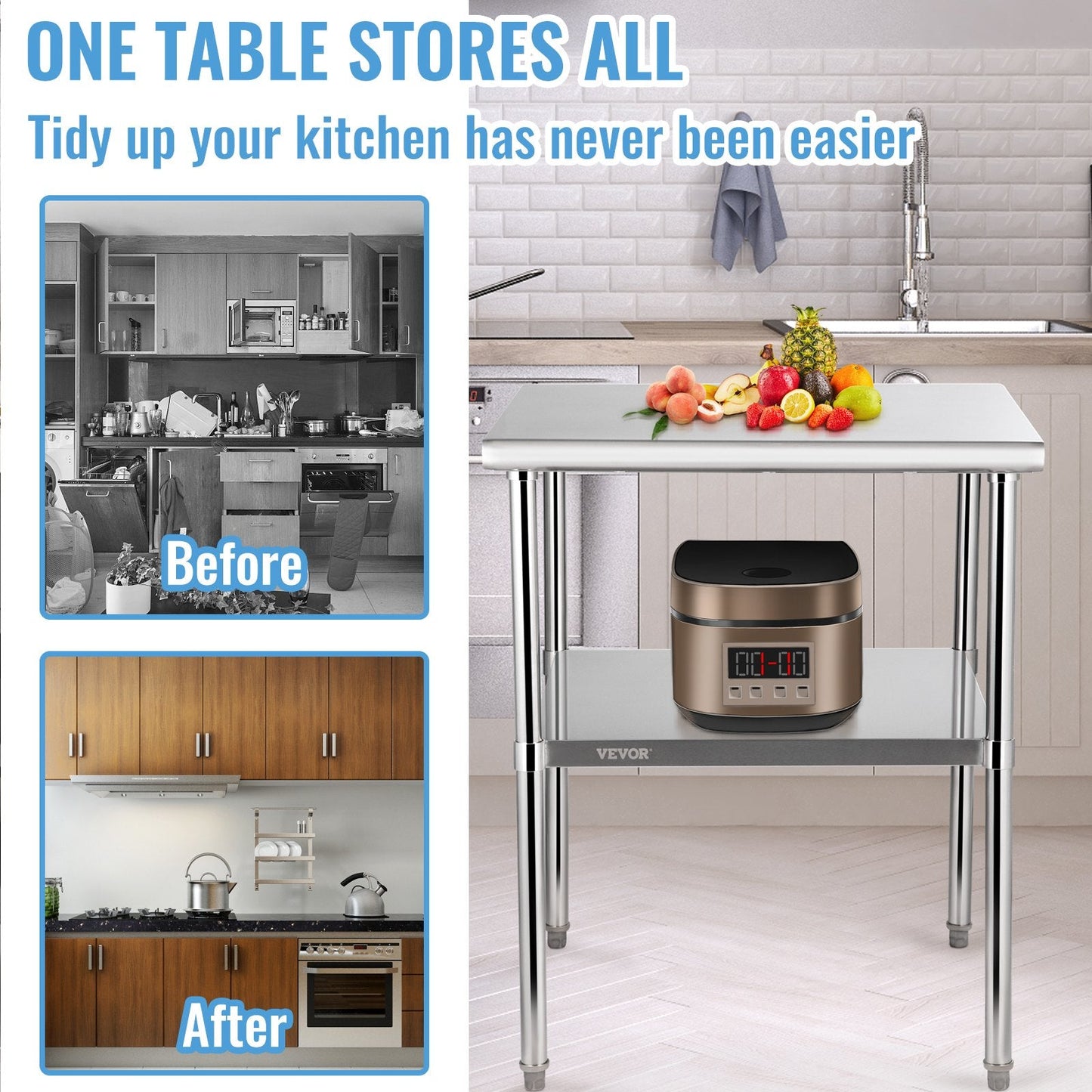 Stainless Steel Commercial Prep Table with Undershelf, 76x76x91 cm