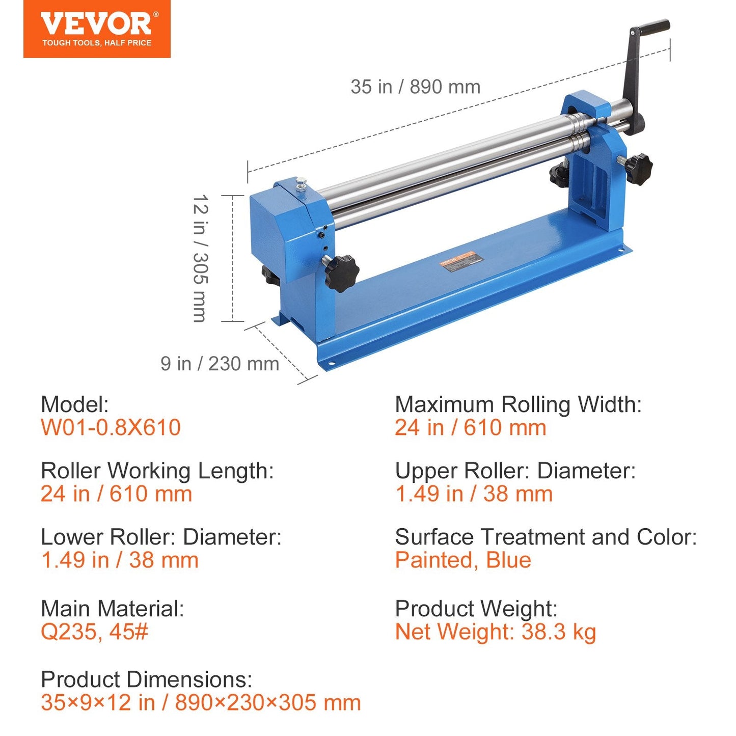 24"x16 Gauge Metal Slip Roller, 610mm Roller, Built-in Gear Guard, Blue