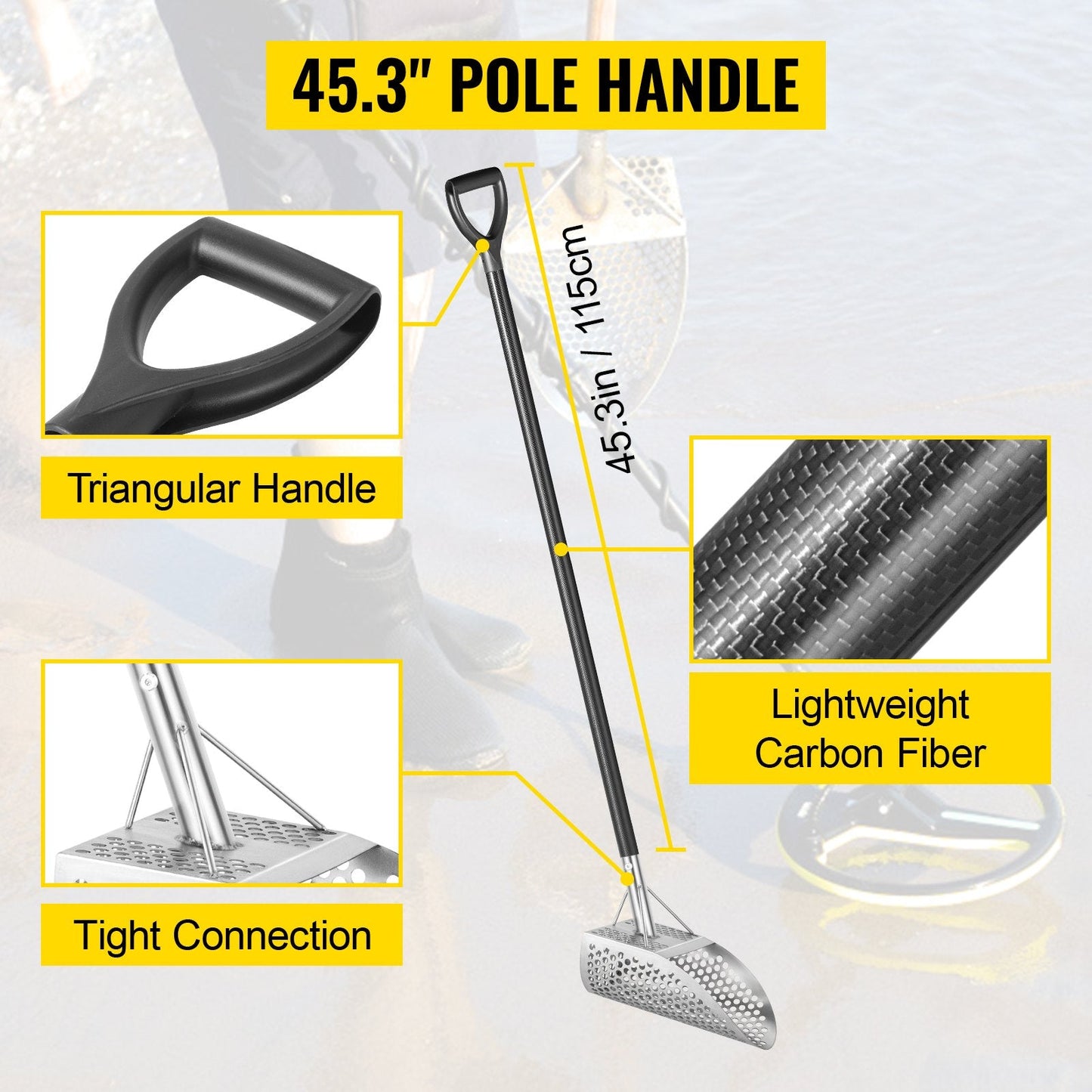Metal Detector Sand Scoop with 115 cm Carbon Fiber Handle & 10 mm Holes