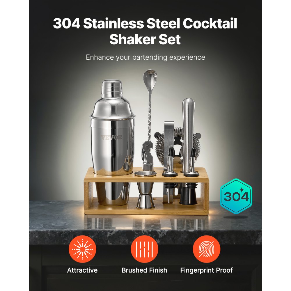 VEVOR Cocktail Shaker Set 10 Pcs Bartender Kit Stainless Steel Bar Tools Silver