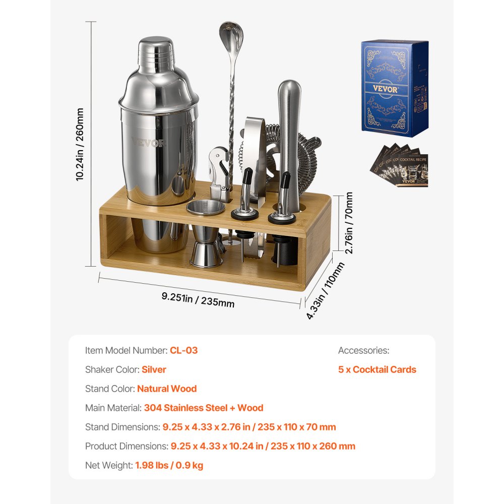 VEVOR Cocktail Shaker Set 10 Pcs Bartender Kit Stainless Steel Bar Tools Silver