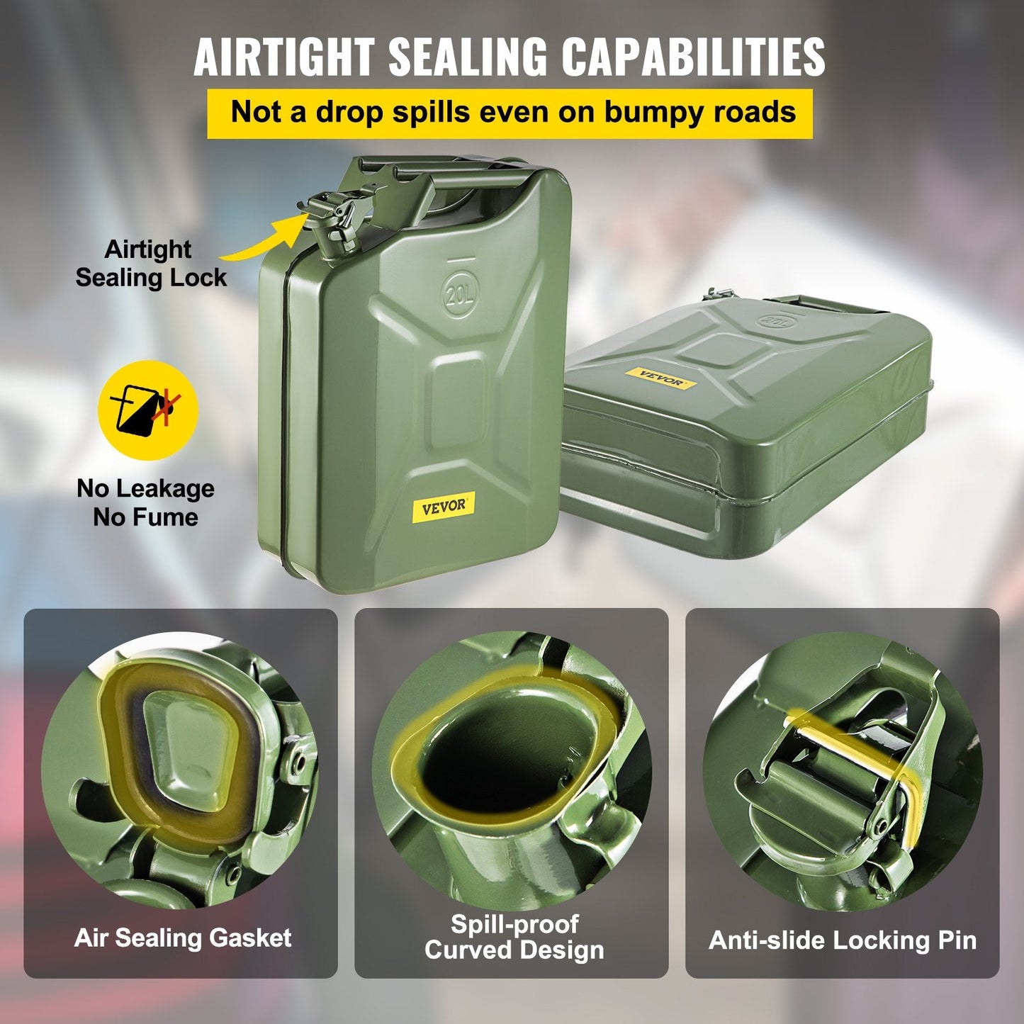 20L Military-Style Steel Fuel Can with Flexible Spout, Green, Set of 2
